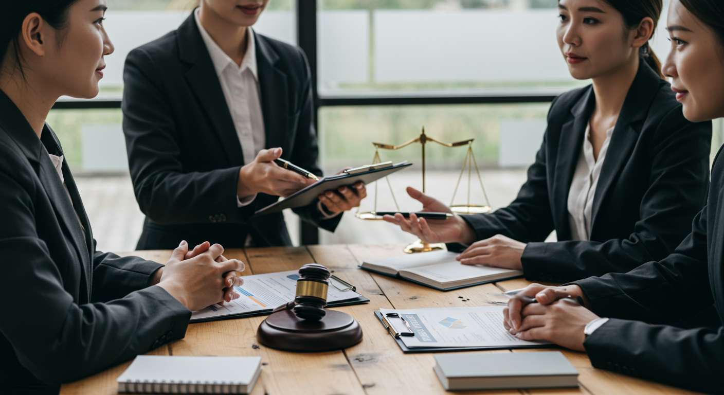 A group of diverse individuals in a consultation with a lawyer in an office setting. The lawyer is explaining legal options, with charts and documents on the table, showcasing collaboration and support.