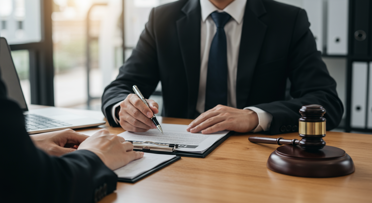 A close-up of a lawyer in a suit sitting across from a client in a private office, discussing legal documents with a focused expression.
