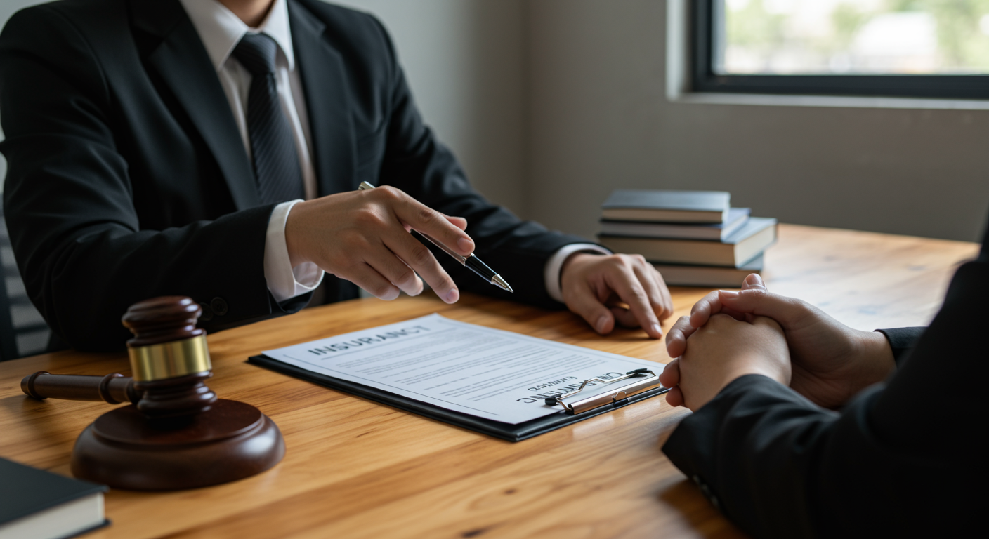 A professional lawyer sitting at a desk with a client, discussing insurance documents. The lawyer is pointing at a claim form, while the client looks engaged and concerned.