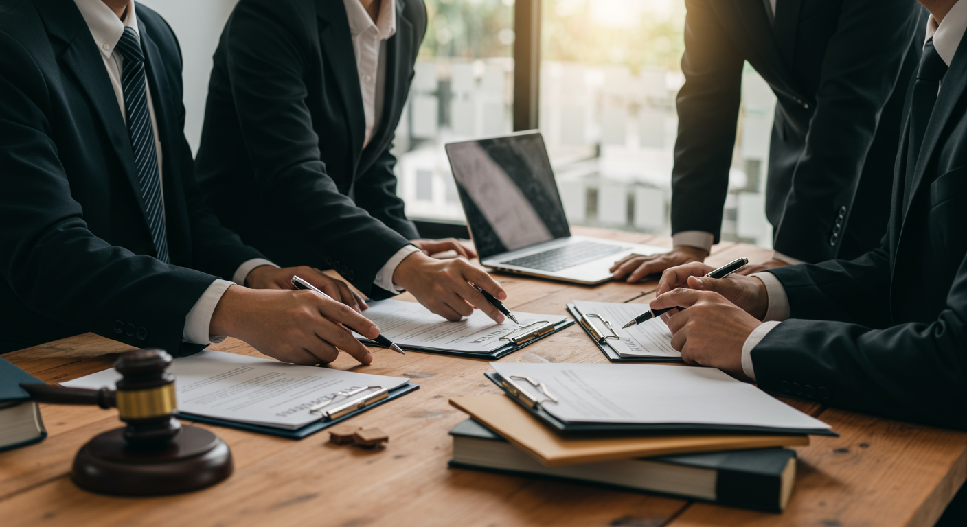 A team of attorneys collaborating over a case in a conference room, with legal documents and a laptop open in front of them.