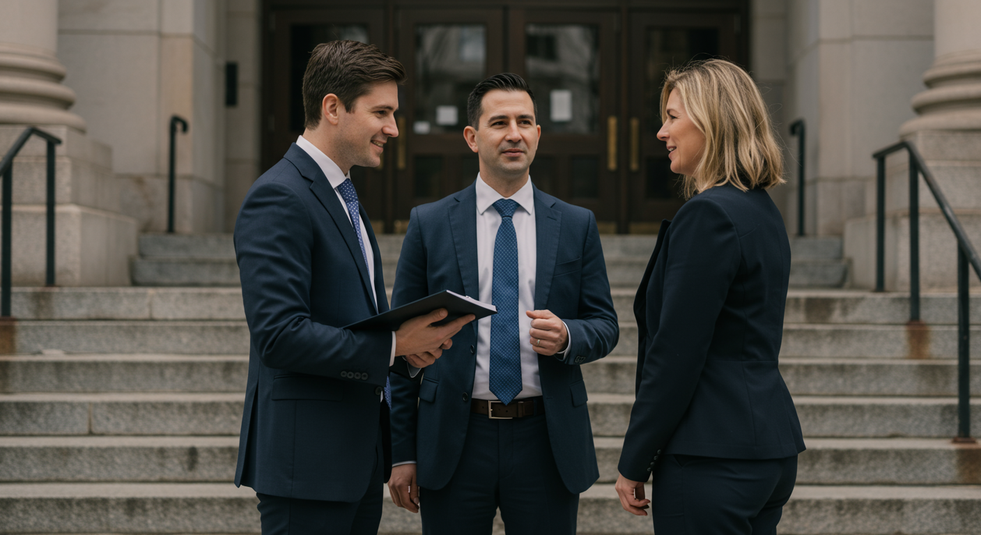A personal injury lawyer standing beside a client outside a courthouse, offering reassurance with a supportive gesture. The courthouse steps are visible, emphasizing the legal context.
