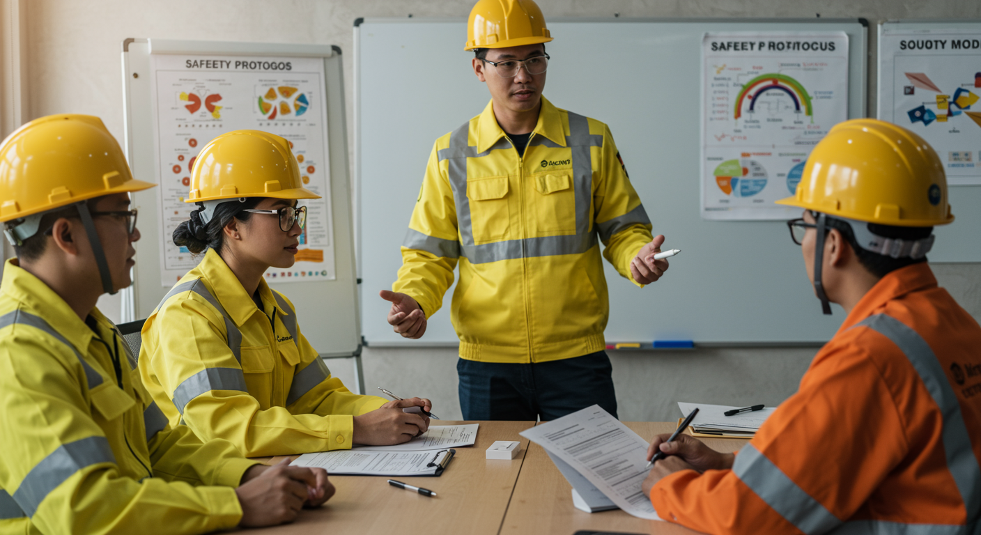 A group of diverse workers in safety gear discussing safety protocols in a meeting room. A whiteboard with safety charts is visible in the background.